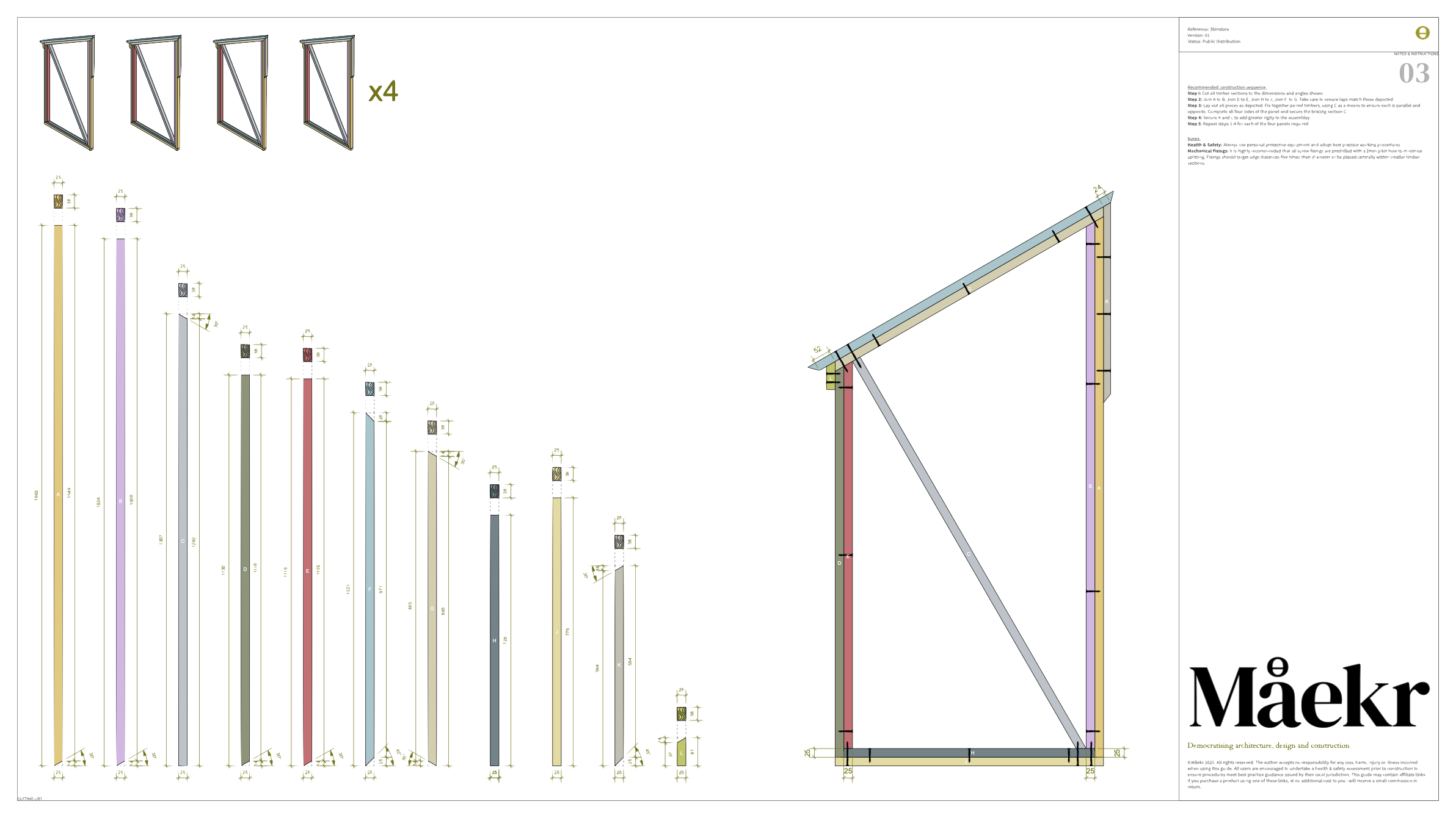 Example page from digital guide showing the construction dimensions and sequence for one of the main bin store frames. Colour-coded for ease of use