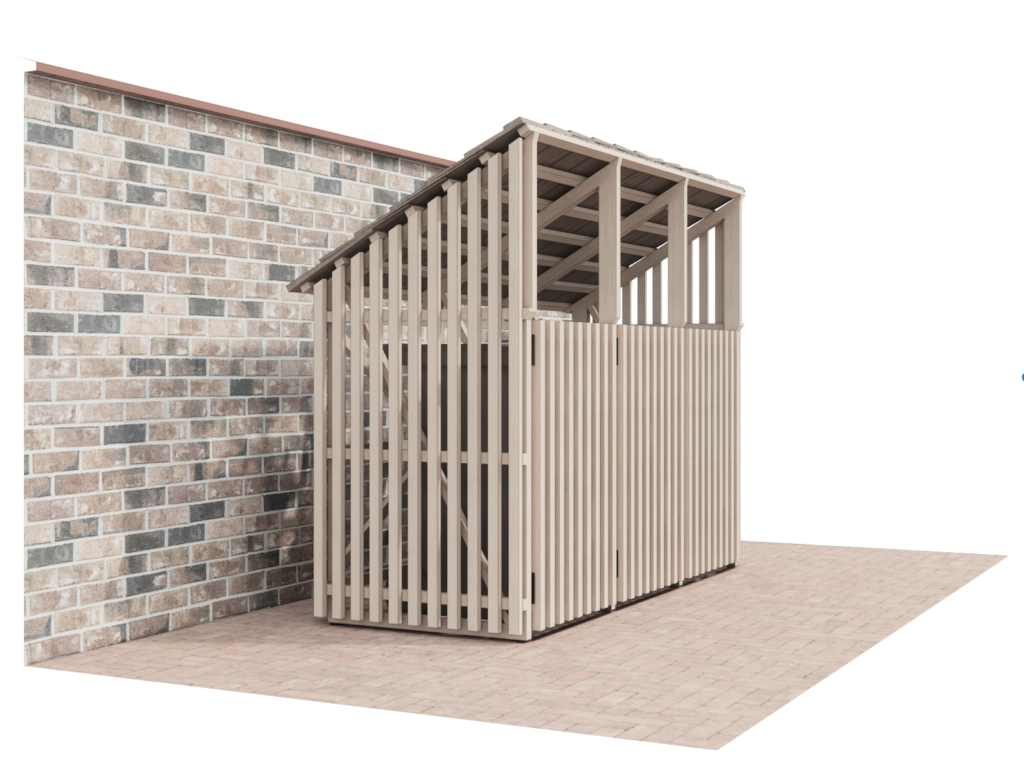 Architect designed bin store with three bays. Timber batten cladding and a shingle roof