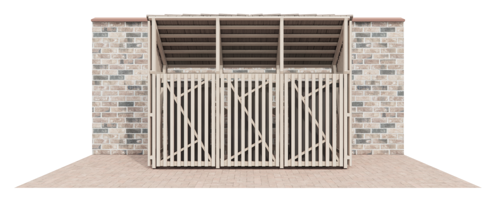 Front elevation view of elegant bin store with catslide timber shingle roof